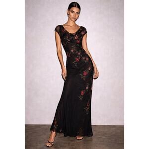 Vintage Y2K 90s Floral Chiffon Whimsygoth Bias Cut Cowl Gown Maxi Dress Medium